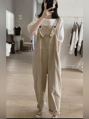 Maternity Casual Beige Cotton Overalls Jumpsuit